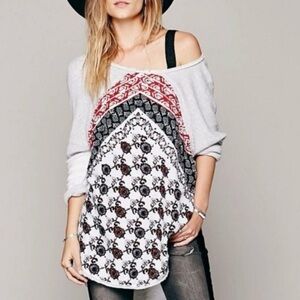 Free People Del Ray Mixed Media Pullover - Bohemian Patterned Sweater Size LG